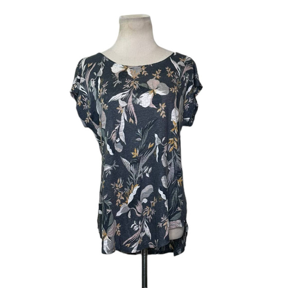 Rachel Zoe gray floral linen short sleeves top size L - Picture 1 of 8